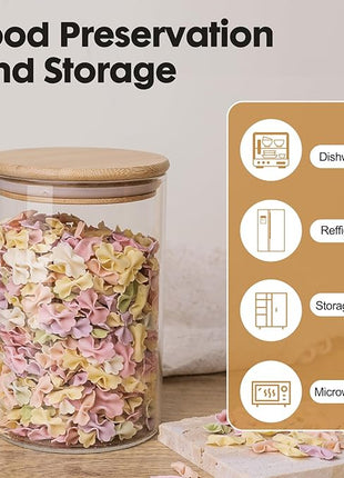 YUNCANG Glass Food Storage Jars 37oz [Set of 6],Clear Glass Food Storage Containers with Airtight Bamboo Lid Stackable Kitchen Canisters for Candy,Cookie,Rice,Sugar,Flour,Pasta