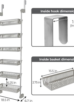 Smart Design Over-the-Door Organizer for Storage – Perfect for Pantry Organization, Bedroom, Bathroom Storage, Playroom, or Kitchen - Adjustable Steel Frame with 6 Baskets & Wall Mount – Grey …