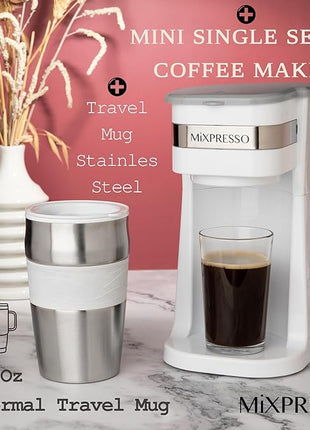 Mixpresso White Personal Single Serve Coffee Maker with 14oz Travel Mug, Drip Small Coffee Maker with Auto Shut Off, Reusable Filter, Works with Ground Coffee Only – Not for K-Cup Pods