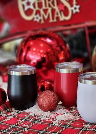 CHILLOUT LIFE 12 oz Stainless Steel Wine Tumblers 2 Pack - Double Wall Vacuum Insulated Wine Glasses Cups with Lids and Straws Set Keeping Cold & Hot for Coffee, Beer, Ice Cream - Powder Coated Red