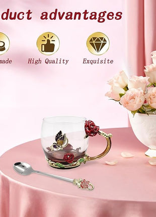 Enamels Butterfly Flower Tea Cup, Glass Coffee Mugs with Spoon, Gifts for Birthday Valentines Mothers Day Graduation Christmas, Presents for Women Wife Mom Her Grandma Girls Teacher Friends
