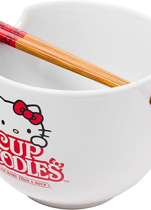 Silver Buffalo Sanrio Hello Kitty Cup Noodles Nissin Ceramic Ramen Noodle Rice Bowl with Chopsticks, Microwave Safe, 20 Ounces