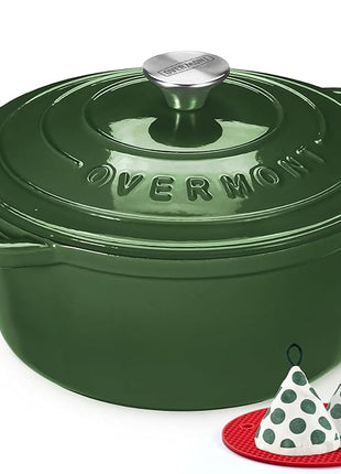 Overmont Enameled Cast Iron Dutch Oven - 5.5QT Pot with Lid Cookbook & Cotton Potholders - Heavy-Duty Cookware for Braising, Stews, Roasting, Bread Baking Glossy Green