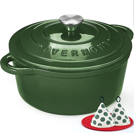 Overmont Enameled Cast Iron Dutch Oven - 5.5QT Pot with Lid Cookbook & Cotton Potholders - Heavy-Duty Cookware for Braising, Stews, Roasting, Bread Baking Glossy Green