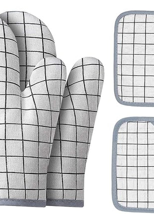 Oven Mitts and Potholders BBQ Gloves-Oven Mitts and Pot Holders with Recycled Infill Silicone Non-Slip Cooking Gloves for Cooking Baking Grilling (4-Piece Set) (White)