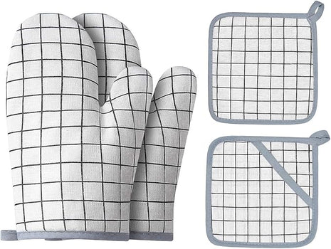 Oven Mitts and Potholders BBQ Gloves-Oven Mitts and Pot Holders with Recycled Infill Silicone Non-Slip Cooking Gloves for Cooking Baking Grilling (4-Piece Set) (White)