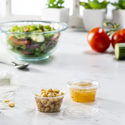 (2 oz - 100 Sets) Clear Diposable Plastic Portion Cups With Lids, Small Mini Containers For Portion Controll, Jello Shots, Meal Prep, Sauce Cups, Slime, Condiments, Medicine, Dressings, Crafts,