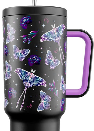 Meoky 40 oz Glow in the Dark Tumbler with Handle and Straw, Tumbler with Lid and Straw, Insulated Stainless Steel Travel Mug, 100% Leak-proof, Keeps Cold for 34 Hours (Butterfly)