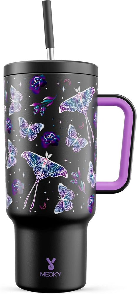Meoky 40 oz Glow in the Dark Tumbler with Handle and Straw, Tumbler with Lid and Straw, Insulated Stainless Steel Travel Mug, 100% Leak-proof, Keeps Cold for 34 Hours (Butterfly)