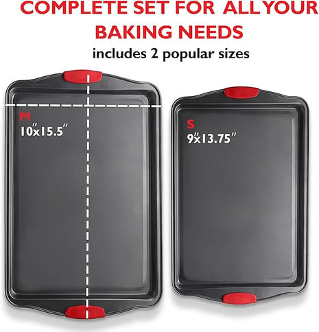 Baking Sheet Set, 2-Piece Cookie Sheet Set with Silicone Handles, Steel Baking Pan, Durable Baking Sheets for Oven, BPA Free Cookie Sheets for Baking Nonstick Set, Premium Sheet Pan, Black Baking Tray