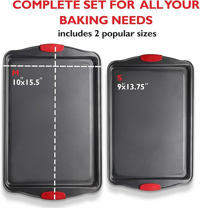 Baking Sheet Set, 2-Piece Cookie Sheet Set with Silicone Handles, Steel Baking Pan, Durable Baking Sheets for Oven, BPA Free Cookie Sheets for Baking Nonstick Set, Premium Sheet Pan, Black Baking Tray