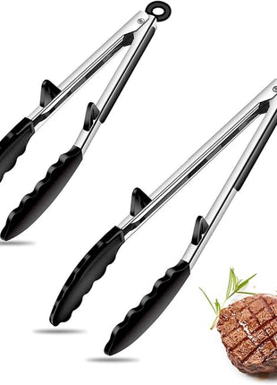 Silicone Tongs for Air Fryer, 2 Pack, Black Color, Premium Silicone BPA Free Non-Stick Stainless Steel Locking Food Tongs, 9-Inch and 12-Inch