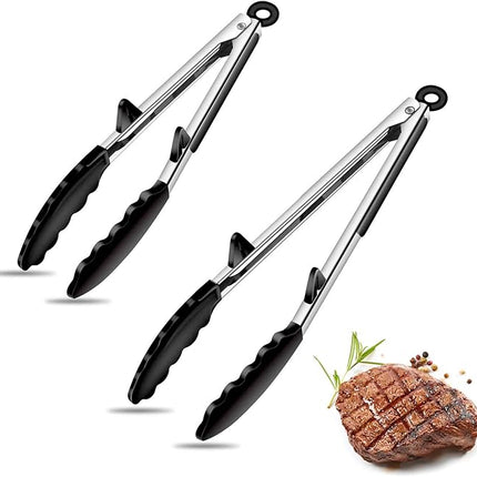 Silicone Tongs for Air Fryer, 2 Pack, Black Color, Premium Silicone BPA Free Non-Stick Stainless Steel Locking Food Tongs, 9-Inch and 12-Inch