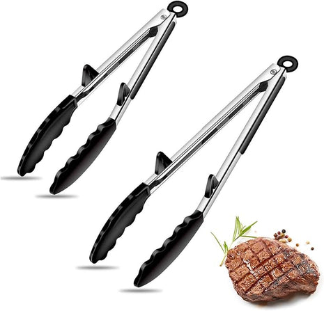 Silicone Tongs for Air Fryer, 2 Pack, Black Color, Premium Silicone BPA Free Non-Stick Stainless Steel Locking Food Tongs, 9-Inch and 12-Inch