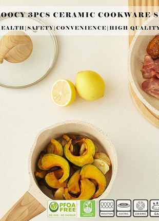 Non Stick Pots and Pans Set Ceramic Cookware Set with Granite Dot, 3pcs Kitchen Cooking Sets Frying Pan Saucepan, No PTFE, No PFAS, Bright Cream