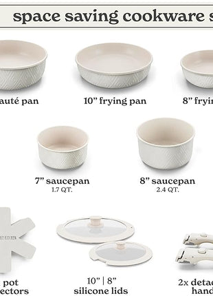 Country Kitchen Cookware Set with Removable Handle, Oven & RV Safe Pots and Pans Set, Cream Rhombus, Original