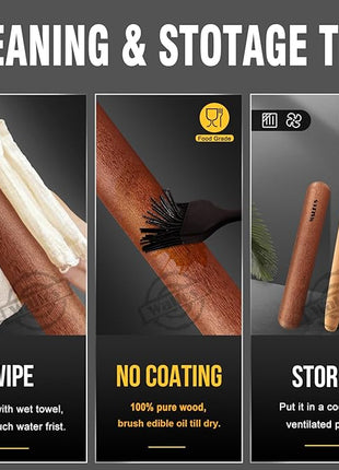 Walfos French Rolling Pin Set - Natural Wooden Rolling Pins (8inch, 15.7inch) With Non-stick Silicone Fiber Pastry Mat, Baking Dough Roller for Pizza, Pie, Pasta, Bread, Pastry