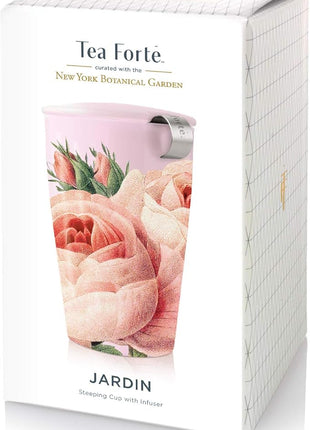 Tea Forte Double-Walled Ceramic Kati Cup, Removable Stainless Steel Infuser Basket and Lid, Steeps 12 oz Loose Leaf Tea, Dishwasher & Microwave Safe, Jardin