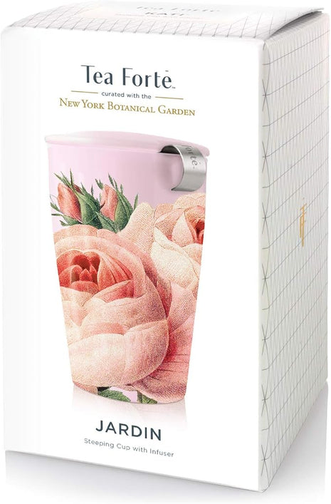 Tea Forte Double-Walled Ceramic Kati Cup, Removable Stainless Steel Infuser Basket and Lid, Steeps 12 oz Loose Leaf Tea, Dishwasher & Microwave Safe, Jardin