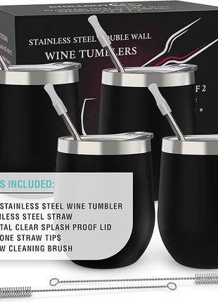 CHILLOUT LIFE 12 oz Stainless Steel Wine Tumblers 4 Pack - Double Wall Vacuum Insulated Wine Cups with Lids and Straws Set for Coffee, Wine, Cocktails - Powder Coated Black