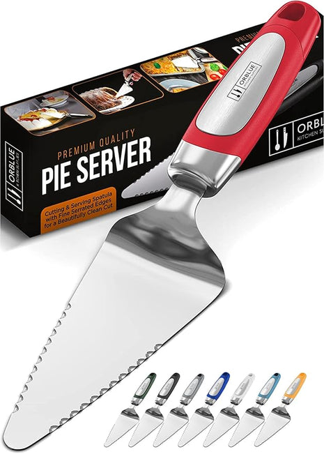Orblue Pie Server, Essential Kitchen Tool, Serrated on Both Sides, Great for Right or Left Handed Chef, Stainless Steel Flatware, Cake Cutter, Red