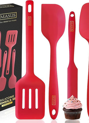 MASUS Silicone Spatula Set 4 Pc Rubber Spatulas With a Turner For Nonstick Pans – Rubber Spatula Set Heat Resistant 600°F For Baking- Cooking plastic spatula, BPA-Free, Dishwasher Safe