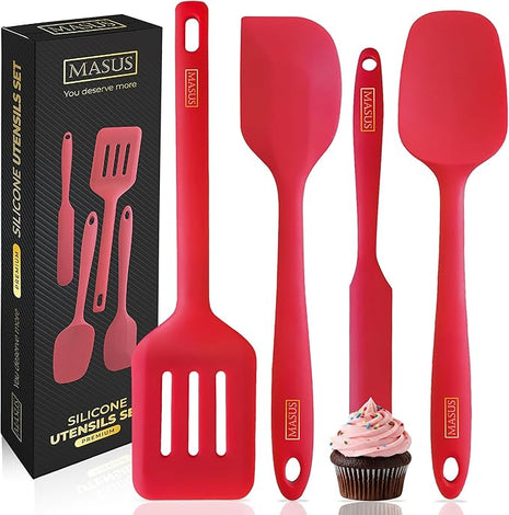 MASUS Silicone Spatula Set 4 Pc Rubber Spatulas With a Turner For Nonstick Pans – Rubber Spatula Set Heat Resistant 600°F For Baking- Cooking plastic spatula, BPA-Free, Dishwasher Safe