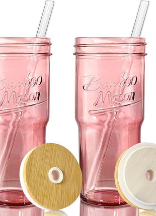 ANOTION Glass Cups with Lids and Straws, 24oz Pink Glass Tumbler Travel Coffee Mug Bamboo Mason Jar Iced Cup Smoothie Tea Clear Cute Water Drinking Jars Glasses