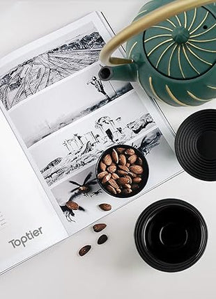 TOPTIER Japanese Cast Iron Teapot with Infuser, Stovetop Safe Teakettle, Wave Design, Enameled Interior, 30 oz (900 ml), Green