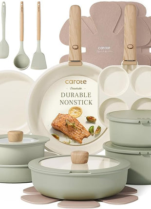 CAROTE 25pcs Pots and Pans Set Non Stick, Cookware Sets, Kitchen Set, Oven/Dishwasher/Fridge Safe, Space Saving Pots Set, Nonstick Set with Versatile Detachable Handle, Induction RV Set, Green