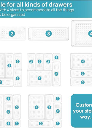 Vtopmart 25 PCS Clear Plastic Drawer Organizers Set, 4-Size Versatile Bathroom and Vanity Drawer Organizer Trays, Storage Bins for Makeup, Bedroom, Kitchen Gadgets Utensils and Office
