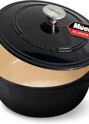 MUELLER HOME 6 Quart Enameled Cast Iron Pot Dutch Oven, Heavy-Duty Oven-Safe up to 500° F, & Across All Cooktops, Casserole Dishes for Ovens, Bread Pan with Lid and Knob, Cast Iron Cookware, Black