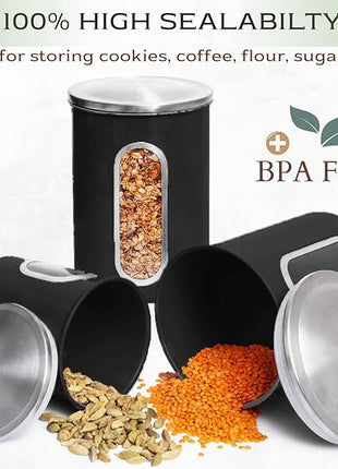 Moss & Stone 3-Piece Black Canisters Sets For The Kitchen, Airtight Canister Set With See Through Window, Storage Jars for Coffee Container, Tea Organizer & Sugar Canister, Black Kitchen Canisters
