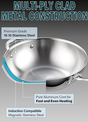 Cooks Standard Multi-Ply Clad Stainless Steel Wok Stir Fry Pan, 10.5 inch Induction Wok with Lid, Flat Bottom Wok, Silver