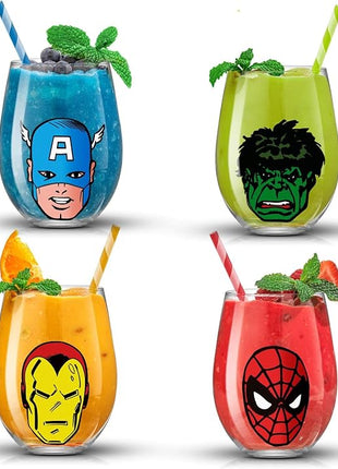 JoyJolt Marvel Heroes Stemless Drinking Glasses, 19oz Superhero Cups ft Hulk Captain America Spiderman and Iron Man, Avengers Glassware Set of 4, Marvel Gifts for Men and Women