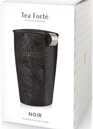 Tea Forte Double-Walled Ceramic Kati Cup, Removable Stainless Steel Infuser Basket and Lid, Steeps 12 oz Loose Leaf Tea, Dishwasher & Microwave Safe, Noir