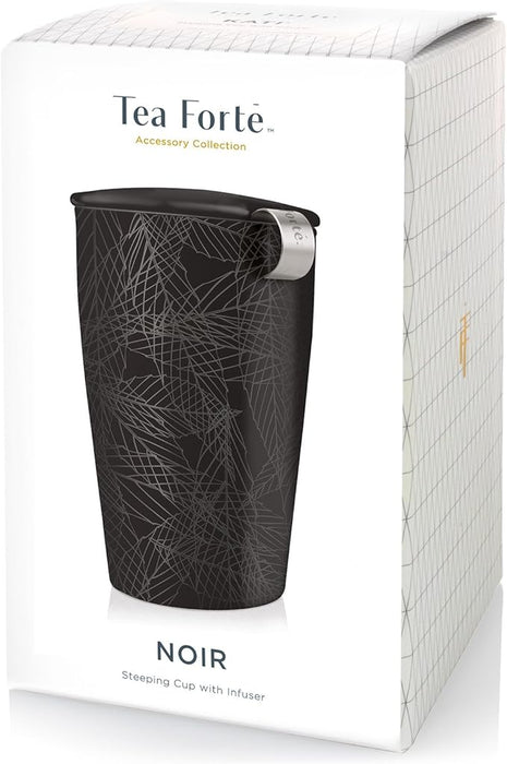 Tea Forte Double-Walled Ceramic Kati Cup, Removable Stainless Steel Infuser Basket and Lid, Steeps 12 oz Loose Leaf Tea, Dishwasher & Microwave Safe, Noir