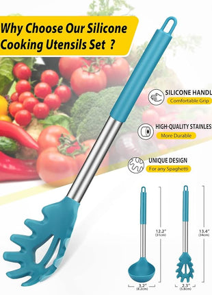 Silicone Pasta Fork and Ladle Spoon Set, Large Non Stick Kitchen Utensils for Cooking,Stirring,Serving Spaghetti, Soup, Sauce (BLUE)