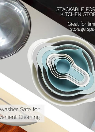 13 Pcs Mixing Bowls Set, RV Camping Accessories Set, Apartment Kitchen Gadget Easy Storage, Inculding Measuring Cups Colander Sifter Large Bowl Whisk Scraper, Great for Cooking and Baking, No BPA