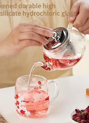 Glass Teapot Stovpetop Safe,20 oz/ 600 ml Stove Top & Microwave Safe Small Borosilicate Glass Kettle with Loose Leaf Tea Strainer For Flower Blooming Tea, Clear
