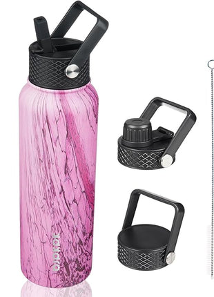 BJPKPK Insulated Water Bottles with Straw Lid, 40oz Stainless Steel Water Bottles with 3 Lids, BPA Free Leakproof Thermo, Tumblers, Cups for Sports, Gym- Wood Pink