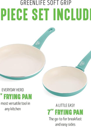 GreenLife Non Stick Fry Pan Set (7" & 10"), Non-Toxic PFAS-Free Ceramic Skillets, Dishwasher & Oven Safe, Egg Omelet Frying Pans, Stay- Cool Handles, Kitchen Home Cooking Essentials, Turquoise