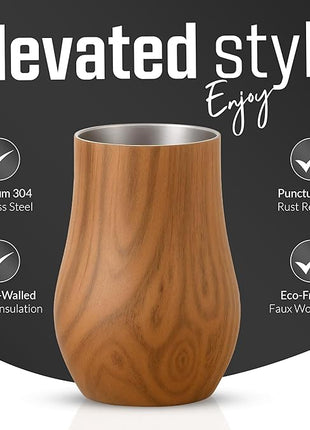 Double-Wall Insulated Whiskey Glass – Stemless Nosing Glass for Bourbon, Scotch & Whisky – Wood Finish – Gift for Men, Dad, Whiskey Lovers (Set of 2)