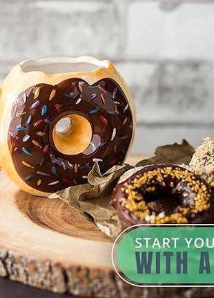 Ceramic Donut Cup – Chocolate Glaze with Sprinkles – Funny “MMM... Donuts!” Quote – Best Cup for Coffee, Tea & More – Large 14 oz – Brown