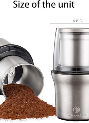 DR MILLS DM-7412M Stainless Steel Electric Dried Spice and Coffee Grinder,2 in 1 Wet and Dry, Removable Cups, Dishwasher Safe