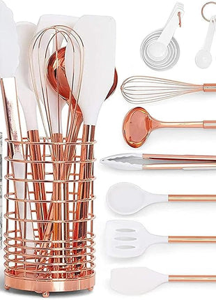 White Silicone and Copper Kitchen Utensils Set with Holder - 17-Piece Rose Gold Cooking Tools for Nonstick Cookware, with Measuring Cups, Spoons, & Utensil Holder - Stylish Copper Kitchen Accessories