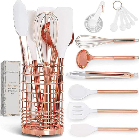 White Silicone and Copper Kitchen Utensils Set with Holder - 17-Piece Rose Gold Cooking Tools for Nonstick Cookware, with Measuring Cups, Spoons, & Utensil Holder - Stylish Copper Kitchen Accessories