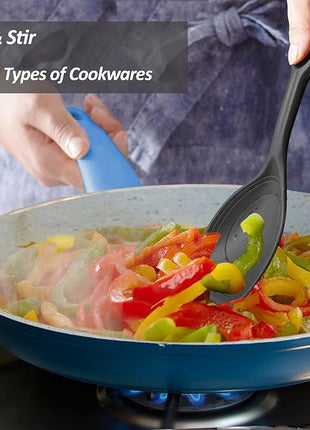 2 Pack Large Silicone Cooking Spoon, Non-Stick Slotted and Solid Spoon set with Deep Bolw and Measurement Mark for Mixing, Serving, Draining, Scooping, Scraping, Heat Resistant Kitchen Utensils, Black