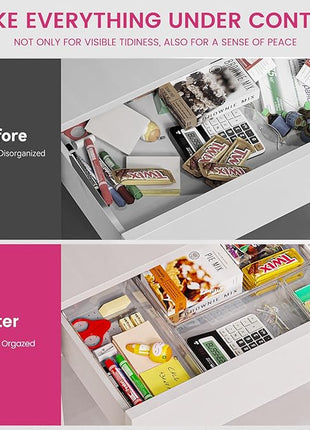 Criusia 26 Pack Large Clear Plastic Drawer Organizer Bins -5 Size Heavy Duty Acrylic Kitchen Drawer Organizers and Storage for Utensils -Bathroom Drawer Organizer Trays for Makeup Office Organization