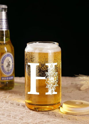 Coolife Initial Glass Cup, Monogrammed Gifts for Women, 16 oz Glass Cups w/Lids Straws, Iced Coffee Smoothie Beer Tumbler w/Straw Lid - Personalized Christmas, Birthday Gifts for Her Mom Friend Woman